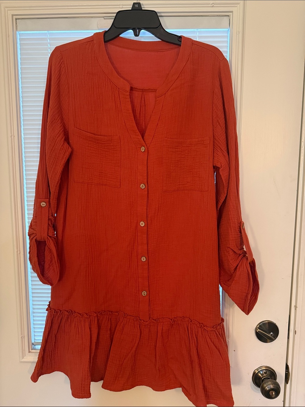 Women's Rust Button-Front Drop-Waist Ruffle Hem Dress